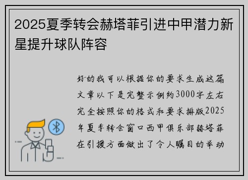 2025夏季转会赫塔菲引进中甲潜力新星提升球队阵容