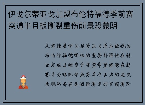 伊戈尔蒂亚戈加盟布伦特福德季前赛突遭半月板撕裂重伤前景恐蒙阴 伊戈尔蒂亚戈加盟布伦特福德季前赛突遭半月板撕裂重伤前景恐蒙阴