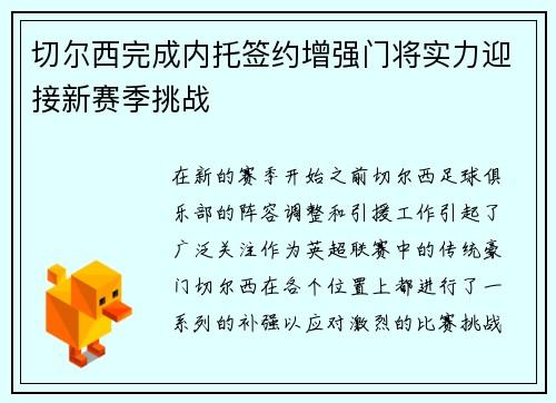 切尔西完成内托签约增强门将实力迎接新赛季挑战