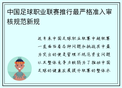 中国足球职业联赛推行最严格准入审核规范新规